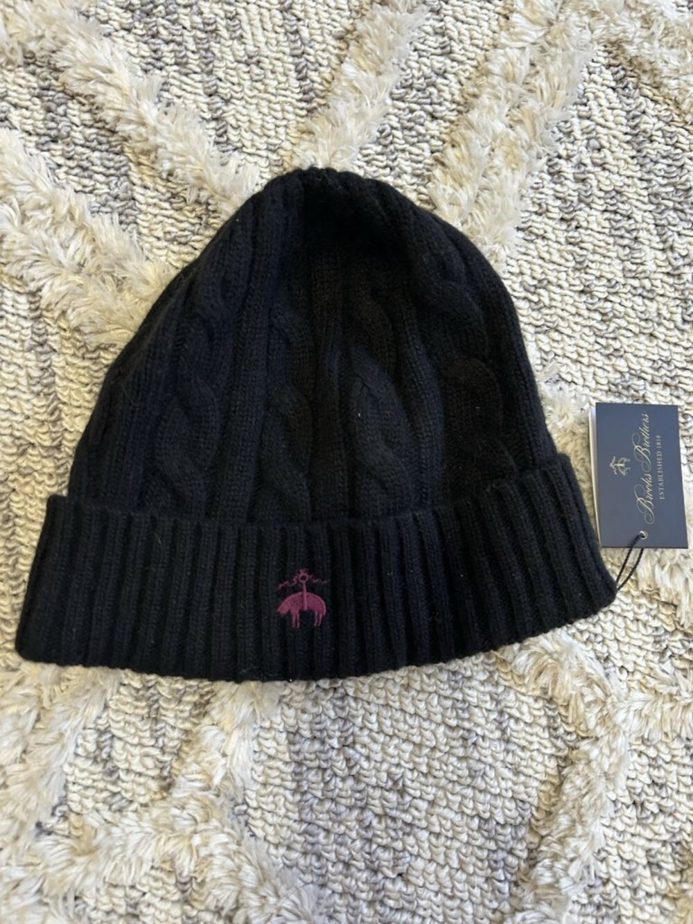 Brooks Brothers Black Cable Knit Merino Wool Cashmere Beanie Hat OS NWT